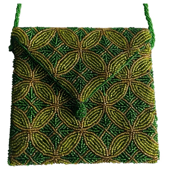 Vintage Art Deco Style Glass Beaded Shoulder Handbag w/ Circular Motif - Picture 2 of 14